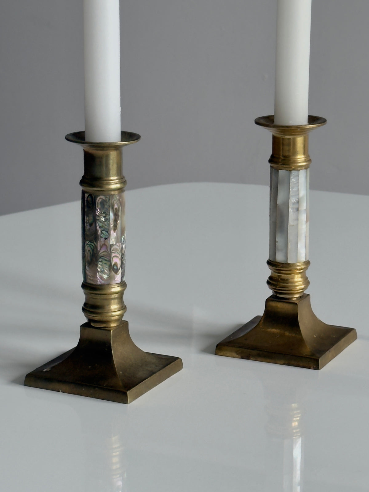 Pair of Vintage Brass and Mother of Pearl Candleholders