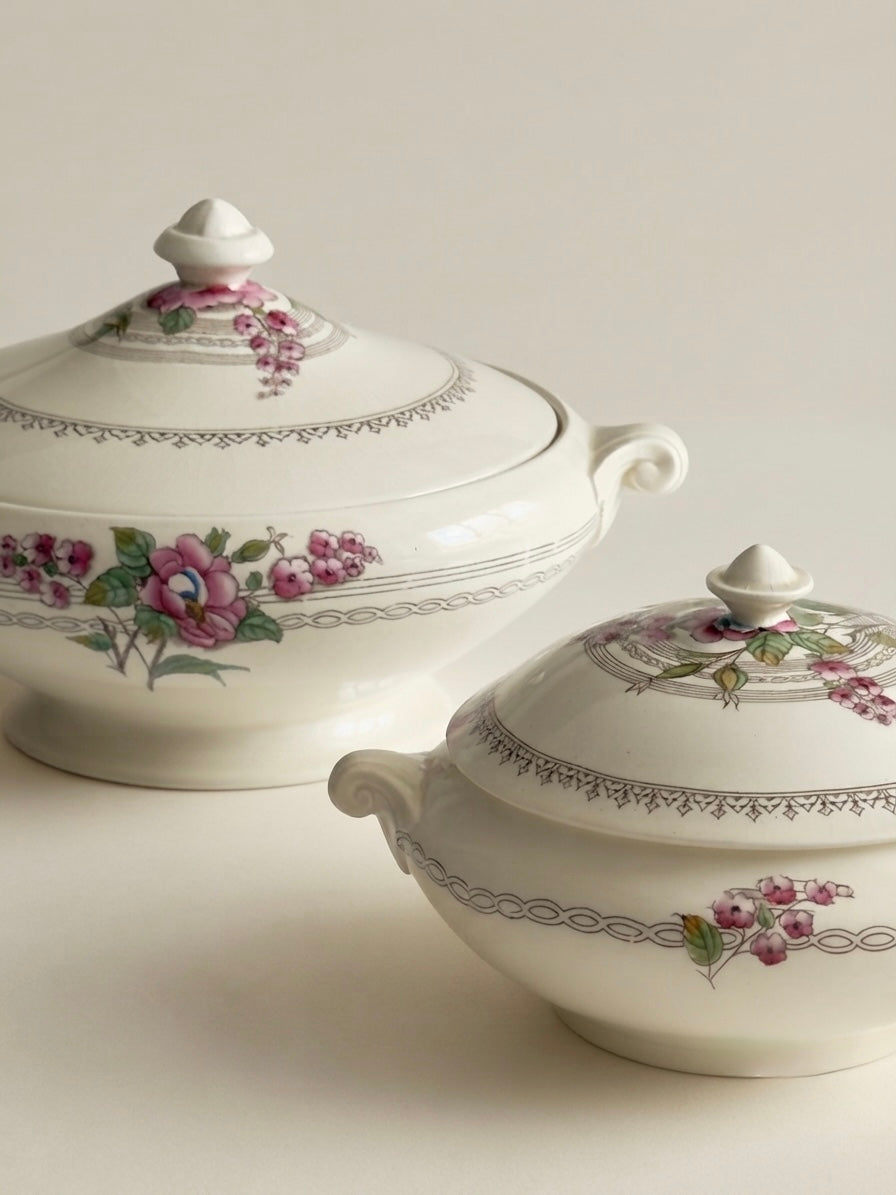 Pair of Vintage Floral Lidded Earthenware Tureens - England