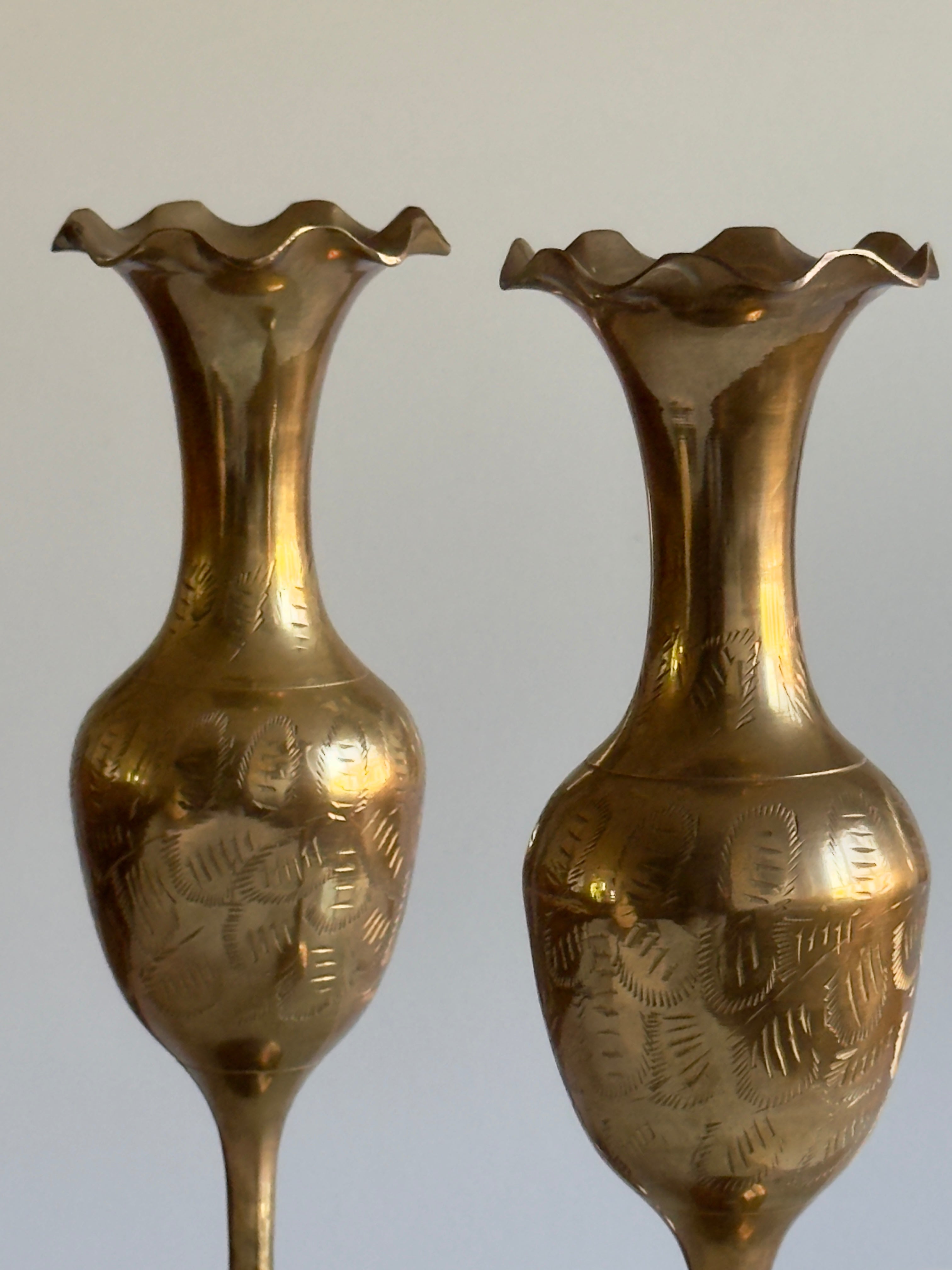 Pair of Vintage Hand-Etched Brass Fluted Vases