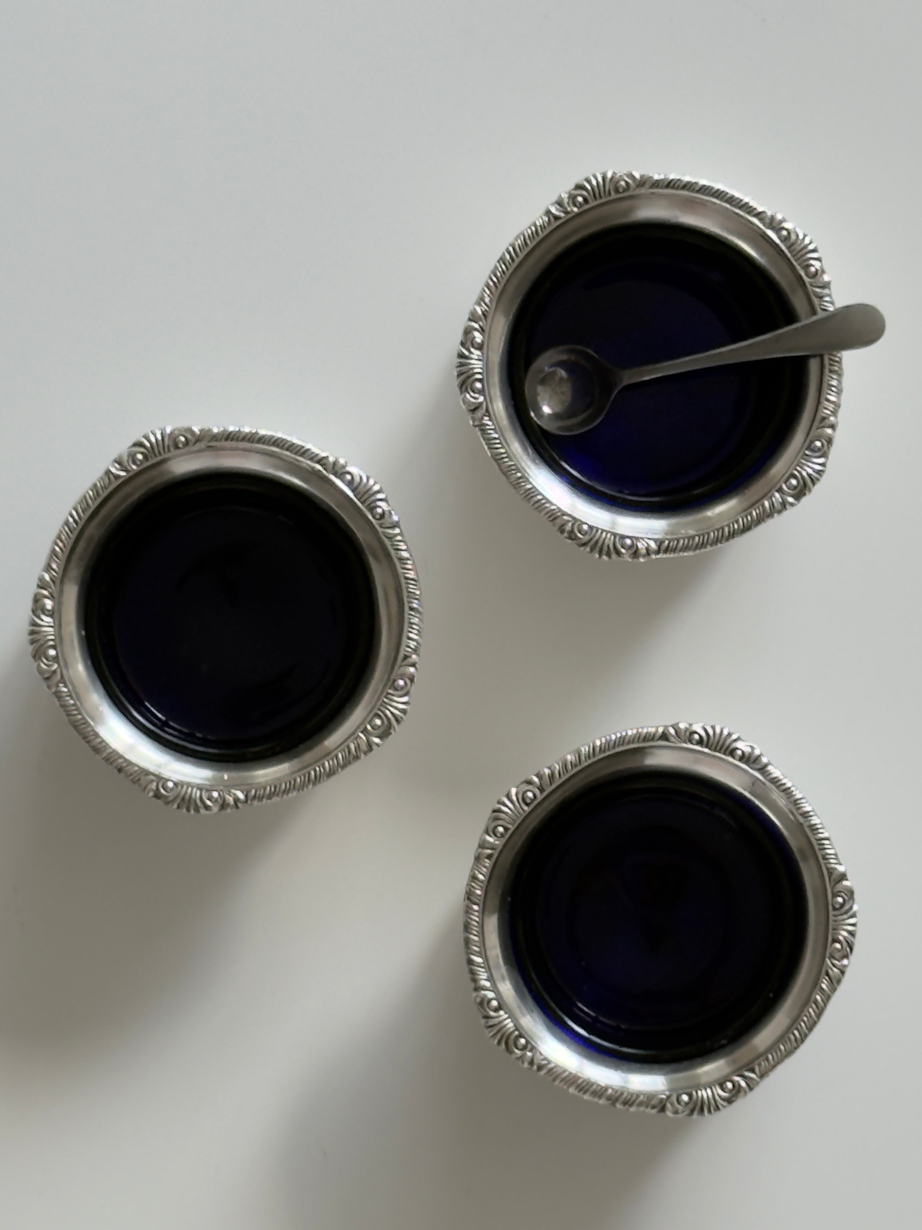 Silver Plated Salt Cellars with Cobalt Blue Glass Liners — Set of 3