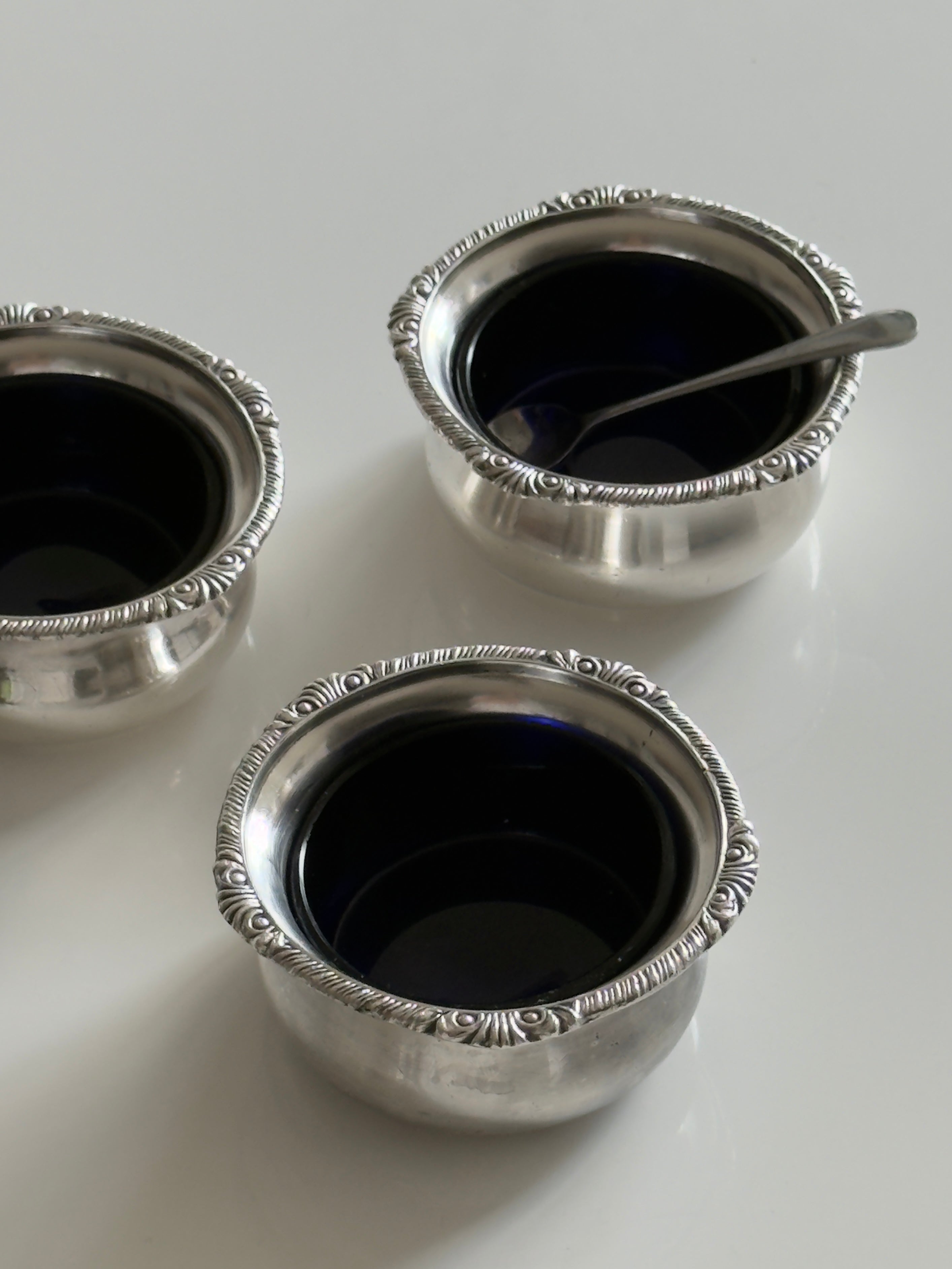 Silver Plated Salt Cellars with Cobalt Blue Glass Liners — Set of 3