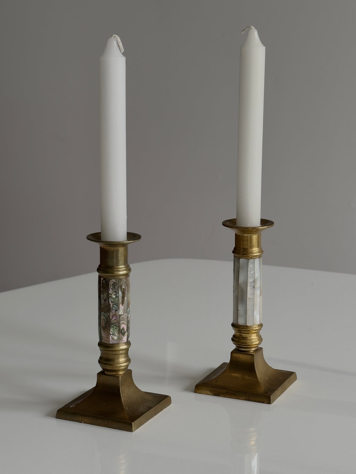 Pair of Vintage Brass and Mother of Pearl Candleholders