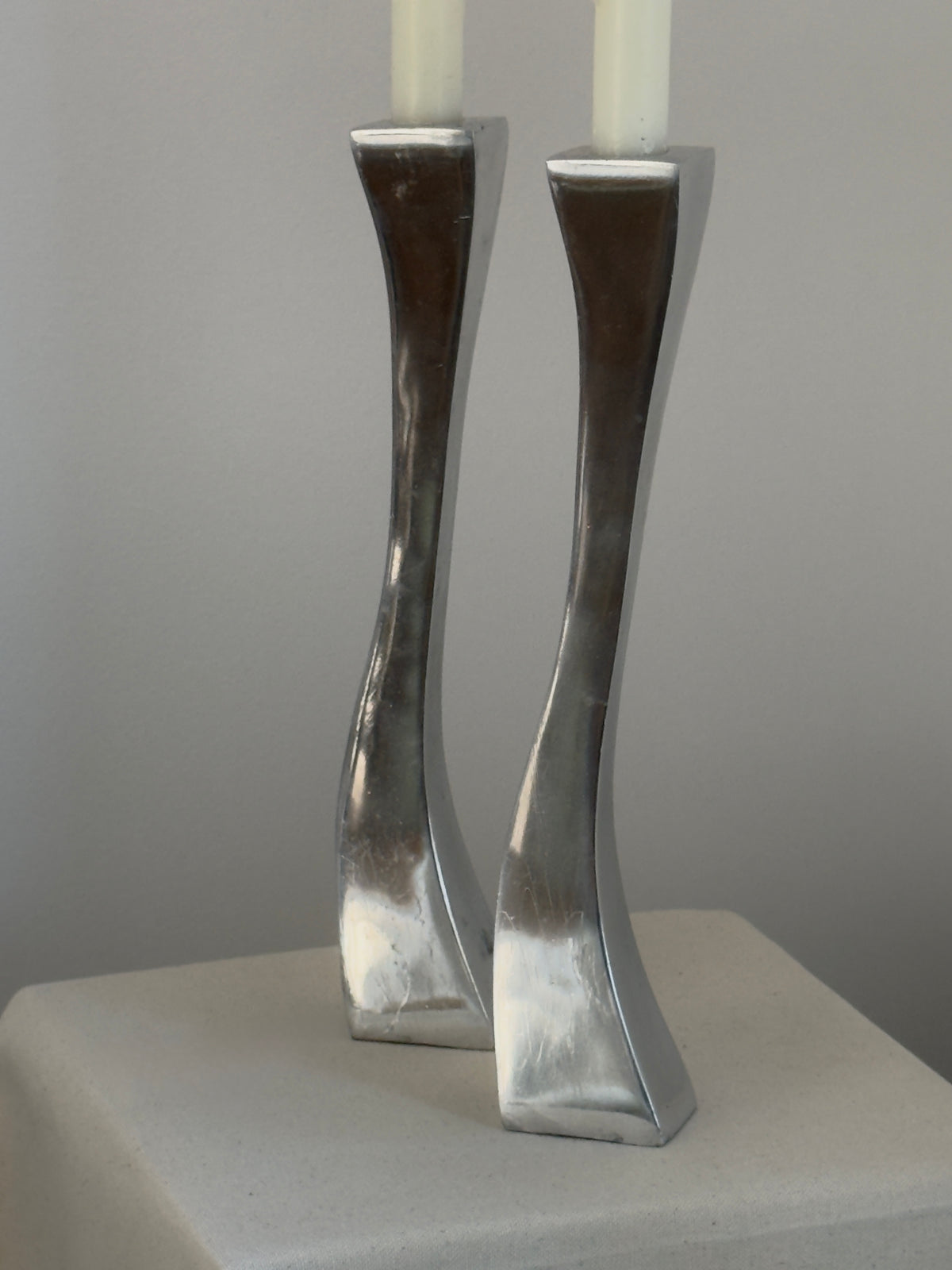 Pair of Sculptural Polished Aluminum Candlesticks, 1980s