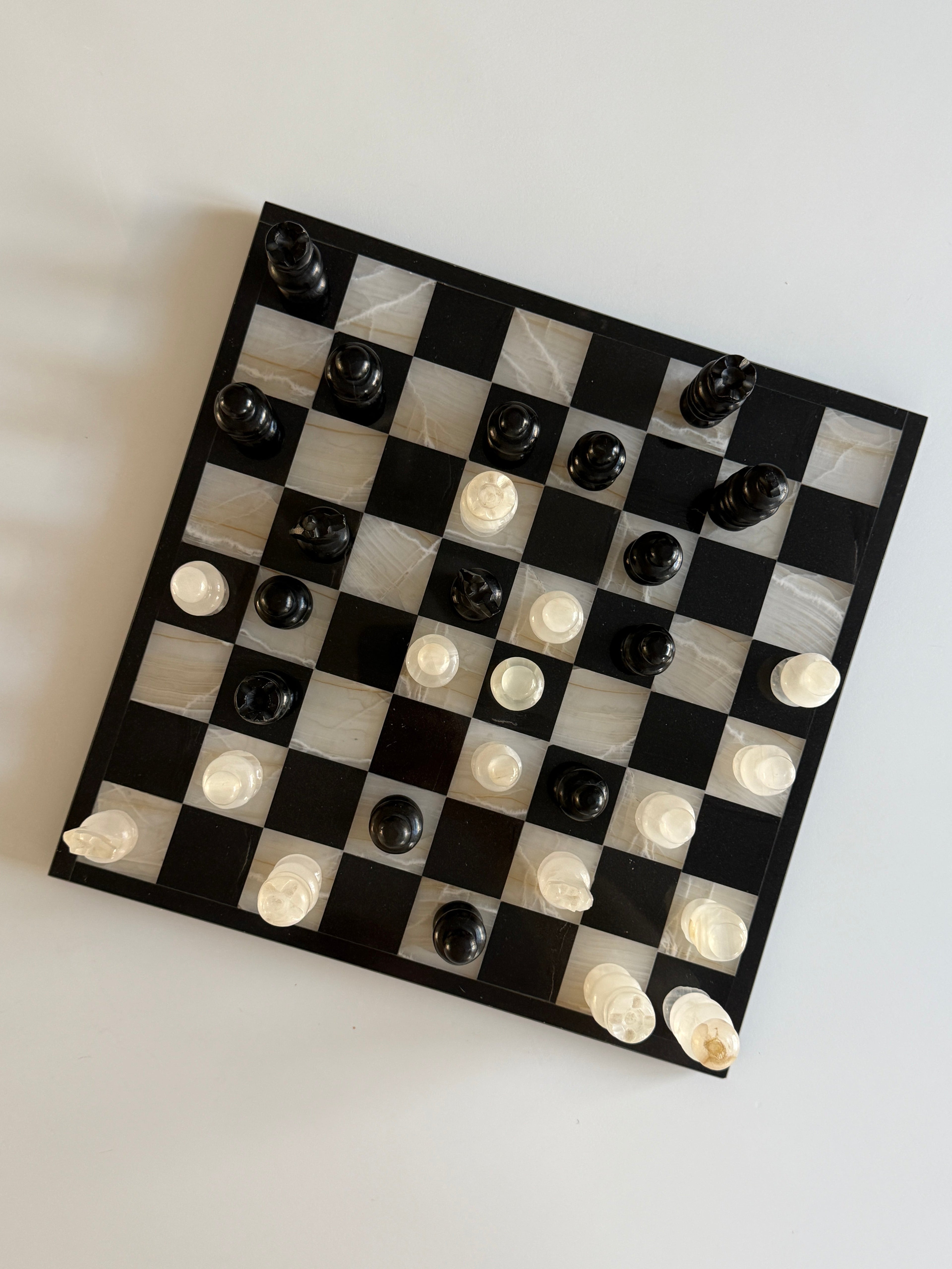 Mid Century Black and White Marble Chess Set