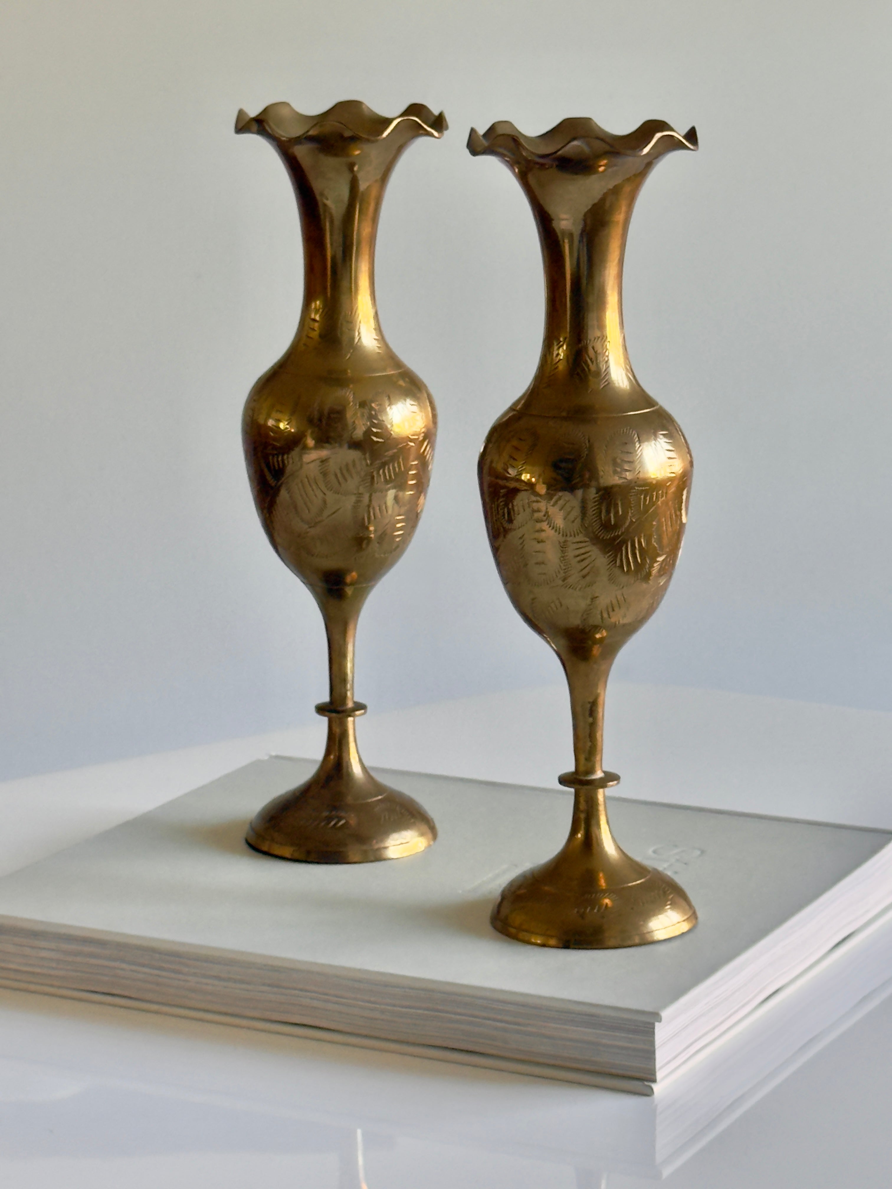 Pair of Vintage Hand-Etched Brass Fluted Vases