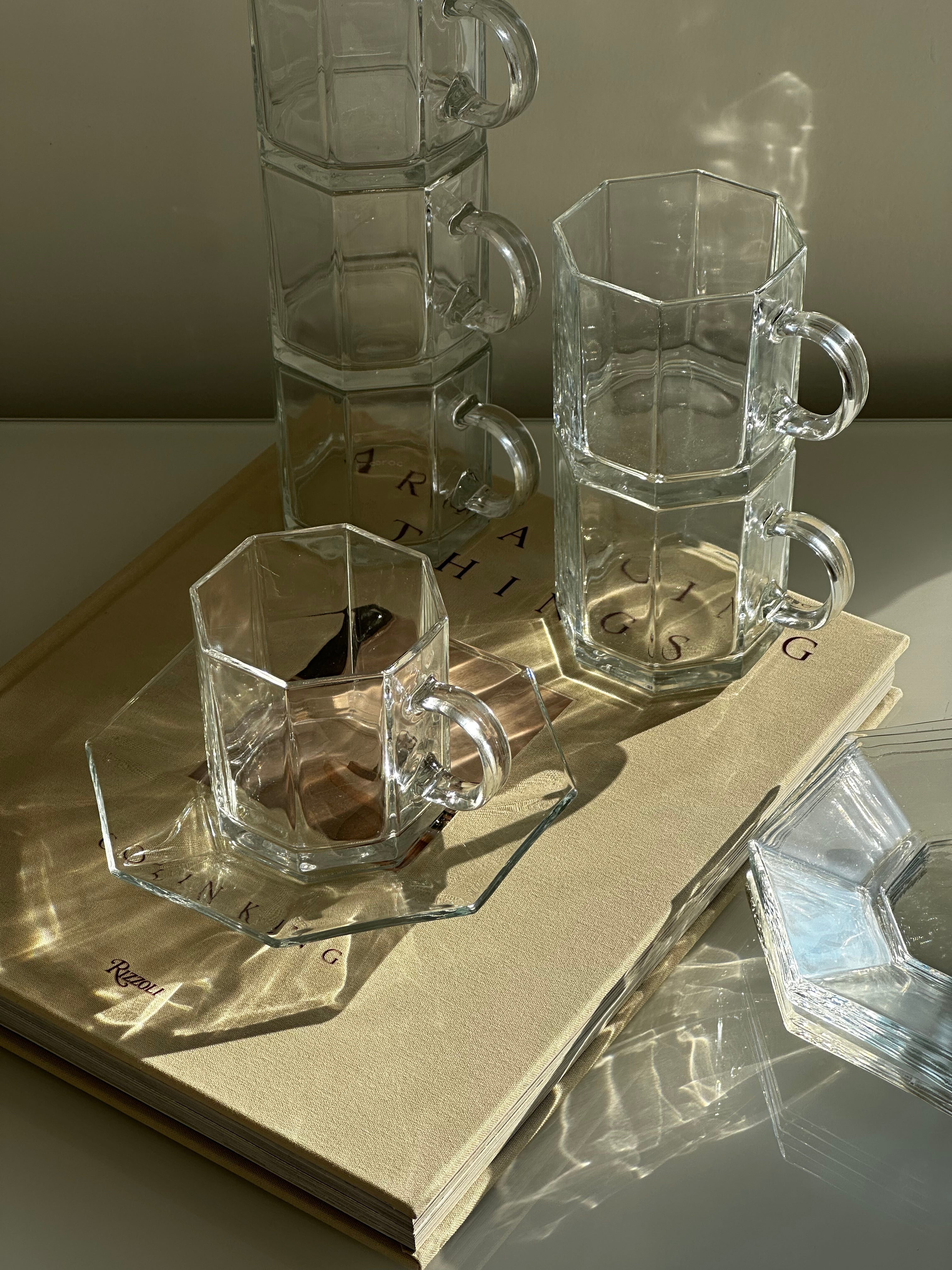 Vintage Arcoroc Octagon Octime clear Coffee cups & Saucers (set of 6)