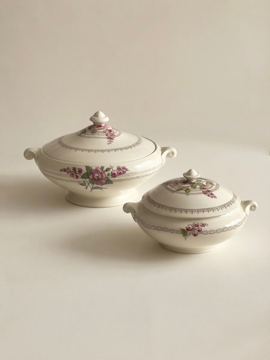 Pair of Vintage Floral Lidded Earthenware Tureens - England