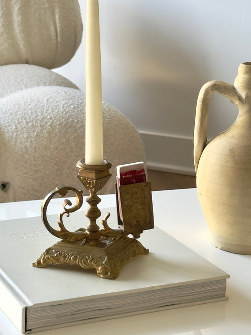 1930s Antique Brass Chamberstick with Integrated Matchbox Holder
